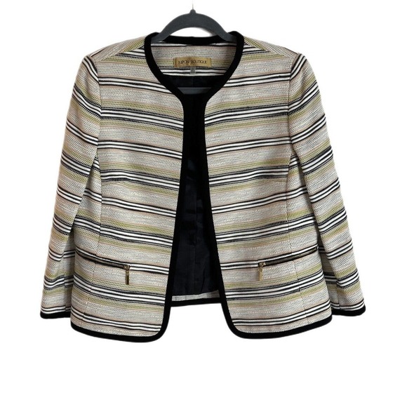 Nipon Boutique Women's Tweed Blazer Jacket 8 Striped Open Front 3/4 Sleeve Cream - Picture 1 of 7